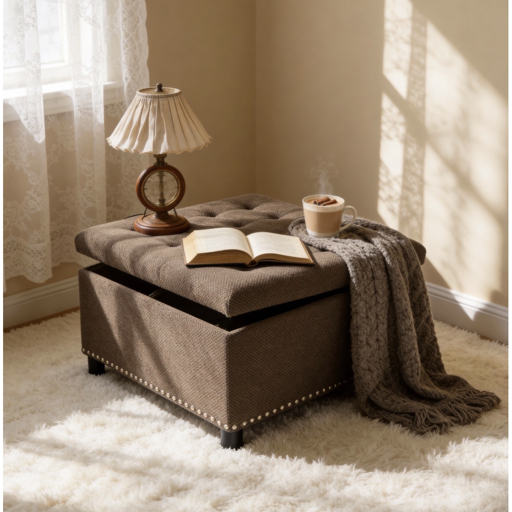 Outdoor Furniture Wood - Orraves, Bangku Ottoman Persegi Berwarna Cokelat
